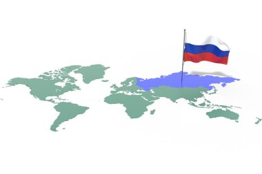 Vurgulanmış bir ülke olan Dünya haritası Rusya ve rüzgarda dalgalanan bayrak