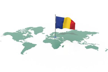 Vurgulanmış Romanya ve rüzgarda dalgalanan bayraklı dünya haritası