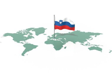 Vurgulanmış Slovenya ve rüzgarda dalgalanan bayrağın yer aldığı dünya haritası