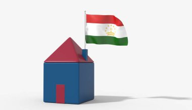 Çatıda rüzgarda dalgalanan Tacikistan bayrağıyla 3D ev