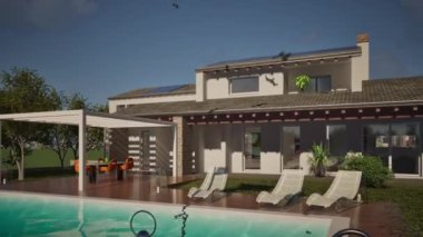 3D modelleme ve yüzme havuzu ve rüzgarda dalgalanan Fransa bayrağı olan bir konut binasının videosu.