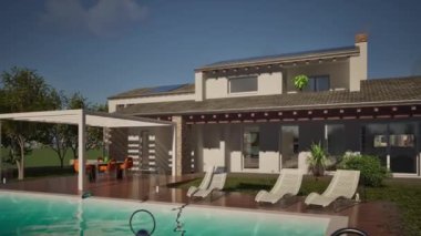 3D modelleme ve yüzme havuzu ve rüzgarda dalgalanan ABD bayrağı olan bir konut binasının videosu.