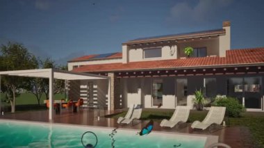 3D modelleme ve yüzme havuzu ve rüzgarda dalgalanan Litvanya bayrağı olan konut binasının videosu.