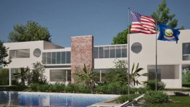3D modelleme ve yüzme havuzlu bir bina ve rüzgarda dalgalanan ABD ve Idaho bayrakları.
