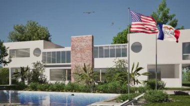 3D modelleme ve yüzme havuzlu bir bina ve rüzgarda dalgalanan ABD ve Iowa bayrakları.