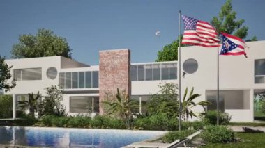 3D modelleme ve yüzme havuzlu bir bina ve rüzgarda dalgalanan ABD ve Ohio bayrakları.