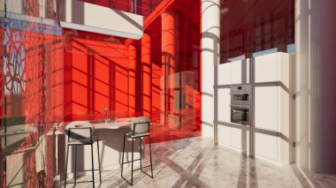 Sütunları ve renkli pencereleri olan açık alan ortamı ve çok parlak