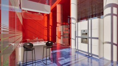 Sütunları ve renkli pencereleri olan açık alan ortamı ve çok parlak