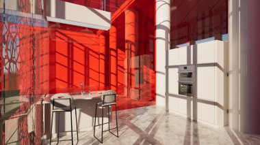 Sütunları ve renkli pencereleri olan açık alan ortamı ve çok parlak