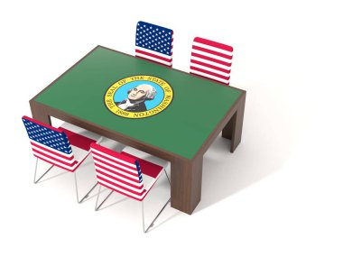 Masada 4 sandalye ve Washington bayrağı var.