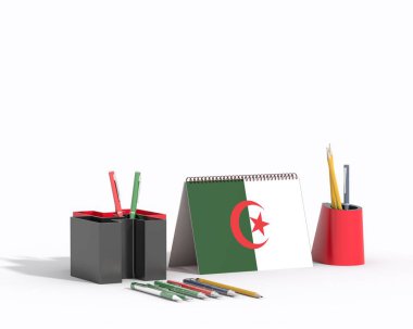 Cezayir bayrağı ve ulusal bayrağın olduğu boş bir defter. Eğitim ve eğitim kavramı. düz yat.