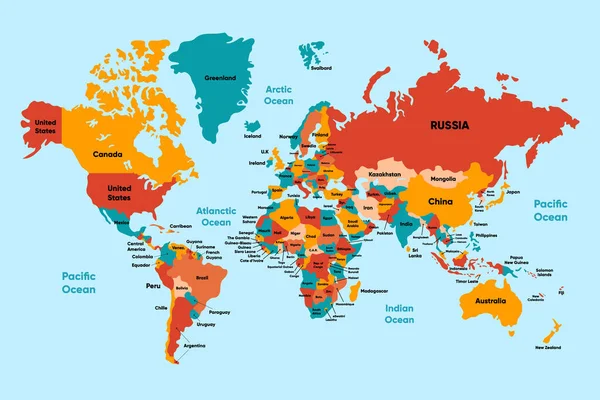 Світова Карта Назвою Країни Деталізованою Країною Кольорів — стоковий вектор
