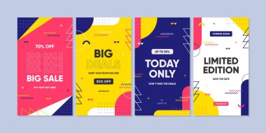 Sosyal medya gönderisi ya da reklam için modaya uygun geometrik soyut şablon. Satış afişi şablonu tasarımı, Flash indirimi özel teklif seti