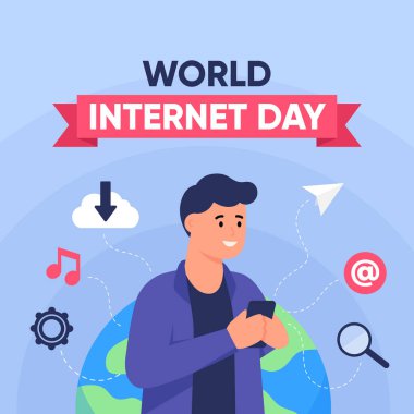 Smartphone Illustration Concept kullanan bir adam. Sosyal Medya Postası veya Sancak için Dünya İnternet Günü Kutlaması