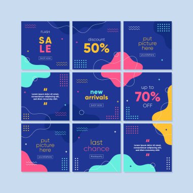 Sosyal medya gönderileri, mobil uygulamalar, afişler, internet veya internet reklamları için indirimli kare afiş şablonu. Renkli konsepte sahip moda soyut kare şablonu.