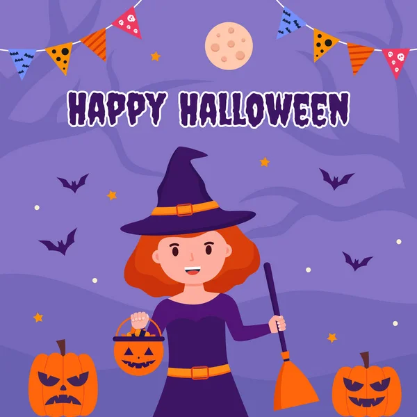 Kadınlar Sihirli Süpürge ve Şekeri Balkabağı Sepeti Konseptine koyarlar. Mutlu Cadılar Bayramı Sosyal Medya Kutlaması