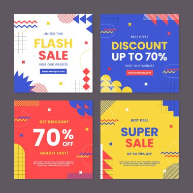 Sosyal medya gönderileri, mobil uygulamalar, afişler, internet veya internet reklamları için indirimli kare afiş şablonu. Geometrik kavrama sahip modaya uygun soyut kare şablonu