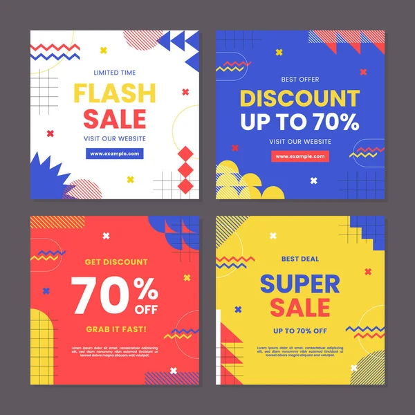 Sosyal medya gönderileri, mobil uygulamalar, afişler, internet veya internet reklamları için indirimli kare afiş şablonu. Geometrik kavrama sahip modaya uygun soyut kare şablonu