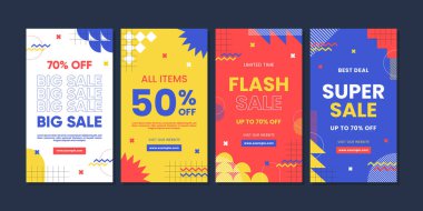 Soyut Renkli Memphis Geçmişi. Sosyal medya gönderisi ya da reklam için modaya uygun geometrik soyut şablon. Satış afişi şablonu tasarımı, Süper satış özel teklif seti.
