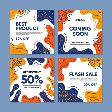 Sosyal medya gönderileri, mobil uygulamalar, afişler, internet veya internet reklamları için indirimli kare afiş şablonu. Renkli konsepte sahip moda soyut kare şablonu.
