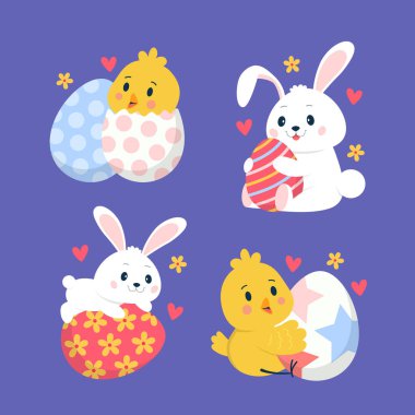 Tavşan ve Tavuk Paskalya Yumurtası İllüstrasyon Koleksiyonu