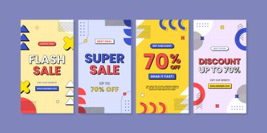 Sosyal medya paylaşımı, hikayeler veya reklamlar için modaya uygun geometrik soyut indirim şablonu. Soyut Renkli Memphis Arkaplanı