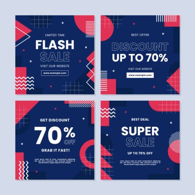 Sosyal medya gönderileri, mobil uygulamalar, afişler, internet veya internet reklamları için indirimli kare afiş şablonu. Geometrik kavrama sahip modaya uygun soyut kare şablonu.