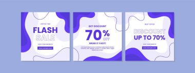 Sosyal medya gönderileri, mobil uygulamalar, afişler, internet veya internet reklamları için indirimli kare afiş şablonu. Mor renkli soyut kare şablonu