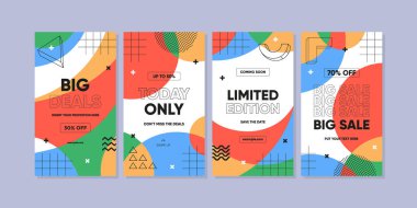 Soyut Renkli Memphis Geçmişi. Sosyal medya gönderisi ya da reklam için modaya uygun geometrik soyut şablon. Satış afişi şablonu tasarımı, Süper satış özel teklif seti.