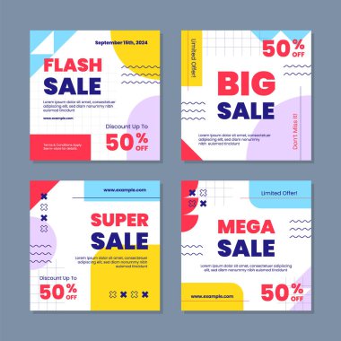 Sosyal medya gönderileri, mobil uygulamalar, afişler, internet veya internet reklamları için indirimli kare afiş şablonu. Renkli konsepte sahip moda soyut kare şablonu.