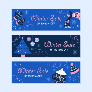 El çizimi düz kış indirimi tanıtım illüstrasyonu ve yatay afiş koleksiyonu seti