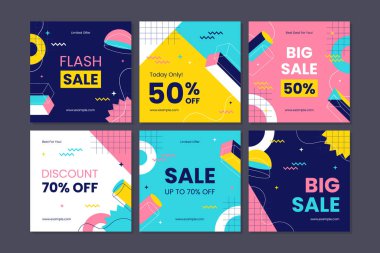 Sosyal medya paylaşımı, besleme, pankart tasarımı, internet veya internet reklamları için indirimli kare afiş şablonu. Renkli konsepte sahip moda soyut kare şablonu.