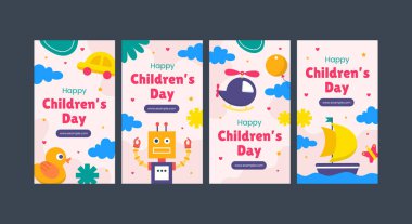 Çocuklar günü sosyal medya şablonu. Bir dizi düz vektör çizimleri. Satışlar, reklamlar, kuponlar için asgari arkaplan çizimleri. Pankart, poster, broşür.