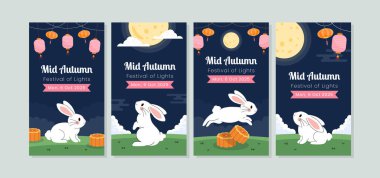 Sonbahar ortası festivali sosyal medya şablonunu kutluyor. Lezzetli ay çörekleri ve dolunayı olan sevimli tavşanlar. Ay Festivali.