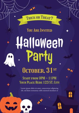 Flat Simple Simple Halloween Poster Davetiyesi. Kabaklı, hayaletli ve yarasalı vektör çizimi. Posterler, afişler, el ilanları, hediye kartları ve sosyal medya için ideal bir şablon.