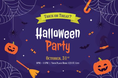 Basit Cadılar Bayramı Davetiye Arkaplan Davetiyesi. Kabaklı, hayaletli ve yarasalı. Posterler, afişler, el ilanları, hediye kartları ve sosyal medya için ideal bir şablon.