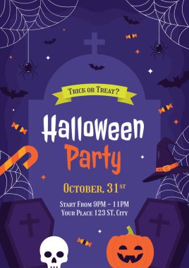 Flat Simple Simple Halloween Poster Davetiyesi. Kabaklı, hayaletli ve yarasalı vektör çizimi. Posterler, afişler, el ilanları, hediye kartları ve sosyal medya için ideal bir şablon.