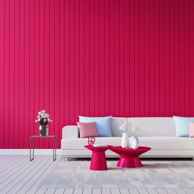 Viva Magenta kırmızı duvar rengi 2023 oturma odası iç mimarisi - 3D