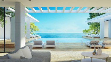 Beach luxury living room and Sea view interior - 3d rendering