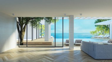 Beach luxury living room and Sea view interior - 3d rendering