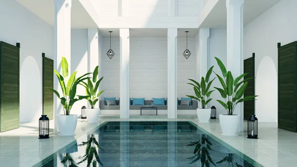 Modern Luxury Riad Living Room Garden Swimming Pool Courtyard Morocco Royaltyfria Stockfoton