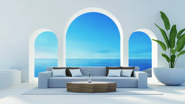 Sea View Beach Luxury Living Room - Santorini island style - 3D rendering