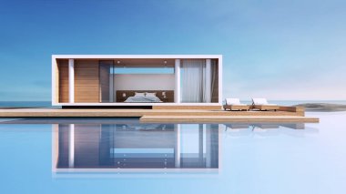 Modern Havuz Villa Denizi Görünümü - 3D görüntüleme 