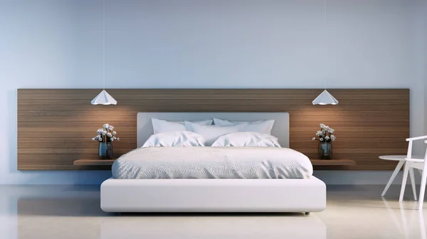 Modern White Wooden Bedroom Beach Sea View Rendering — Stock Photo, Image