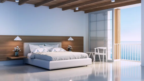 Dormitorio Moderno Madera Blanco Junto Playa Vista Mar Representación —  Fotos de Stock