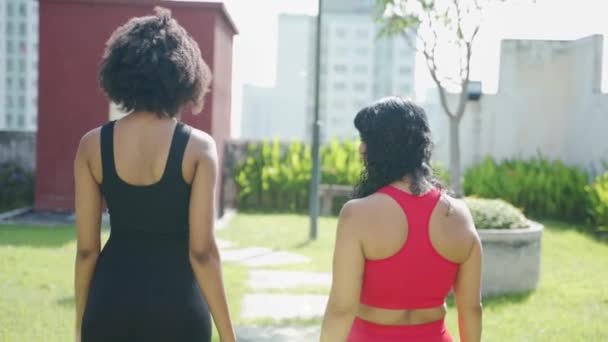 Spor Kıyafetleri Giymiş Iki Yetişkin Arkadaş Açık Hava Parkında Sohbet — Stok video