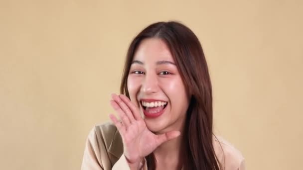 Close Happy Young Asian Woman Smiling Camera While Covering Her — Stock Video