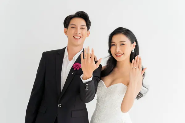 Love Commitment Reflected Smiles Asian Couple Present Wedding Ring Joyful Stock Picture
