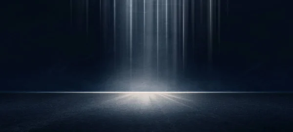 Karanlık, boş bir sokak, koyu mavi bir arka plan, boş bir karanlık sahne, neon ışıklar, asfalt zemin ve iç dokusu dumanlı stüdyo odası. gece görünümü