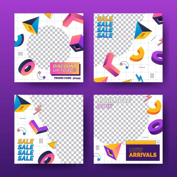 90 'ların Soyut Geometrik Sosyal Medya Şablon Koleksiyonu Renkli Memphis Biçimi 